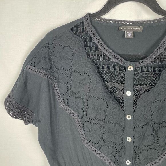 Saks Fifth Avenue Black Cotton Poplin A-Line Midi Eyelet Dress - Women’s 6 - Picture 3 of 6